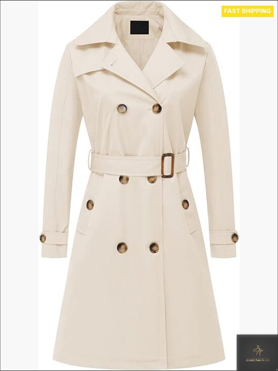 Jackets & Blazers - Double Breasted Long Trench Coat Mid-Length Belted Overcoat with Detachable Hood